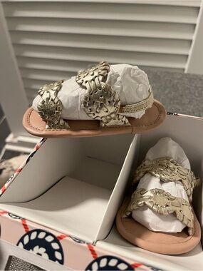Jack Rogers Metallic Gold Braided Baby Walker Sandals with Tan Footbed